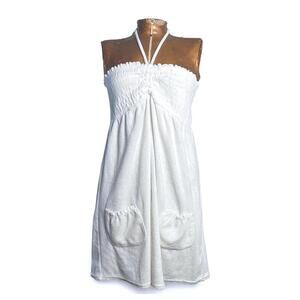 Y2K Vintage White Terry Cloth Sleeveless Halter Tie Mini Dress w/ Pockets Size L